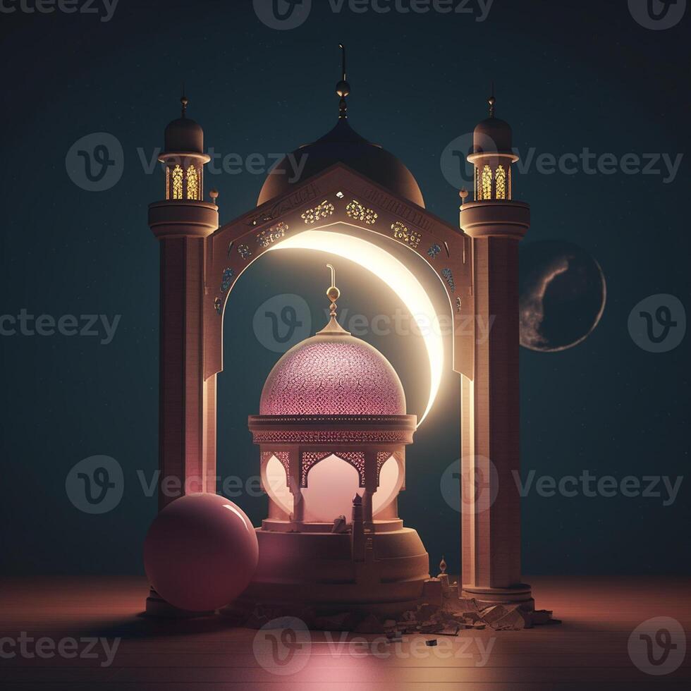 Ramadan Kareem greeting card. Arabic lanterns, moon and mosque at night. artwork photo