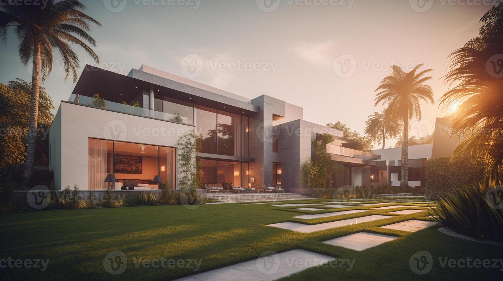 3d rendering of modern cozy house with garage for sale or rent with beautiful landscaping on background, real estate concept artwork photo