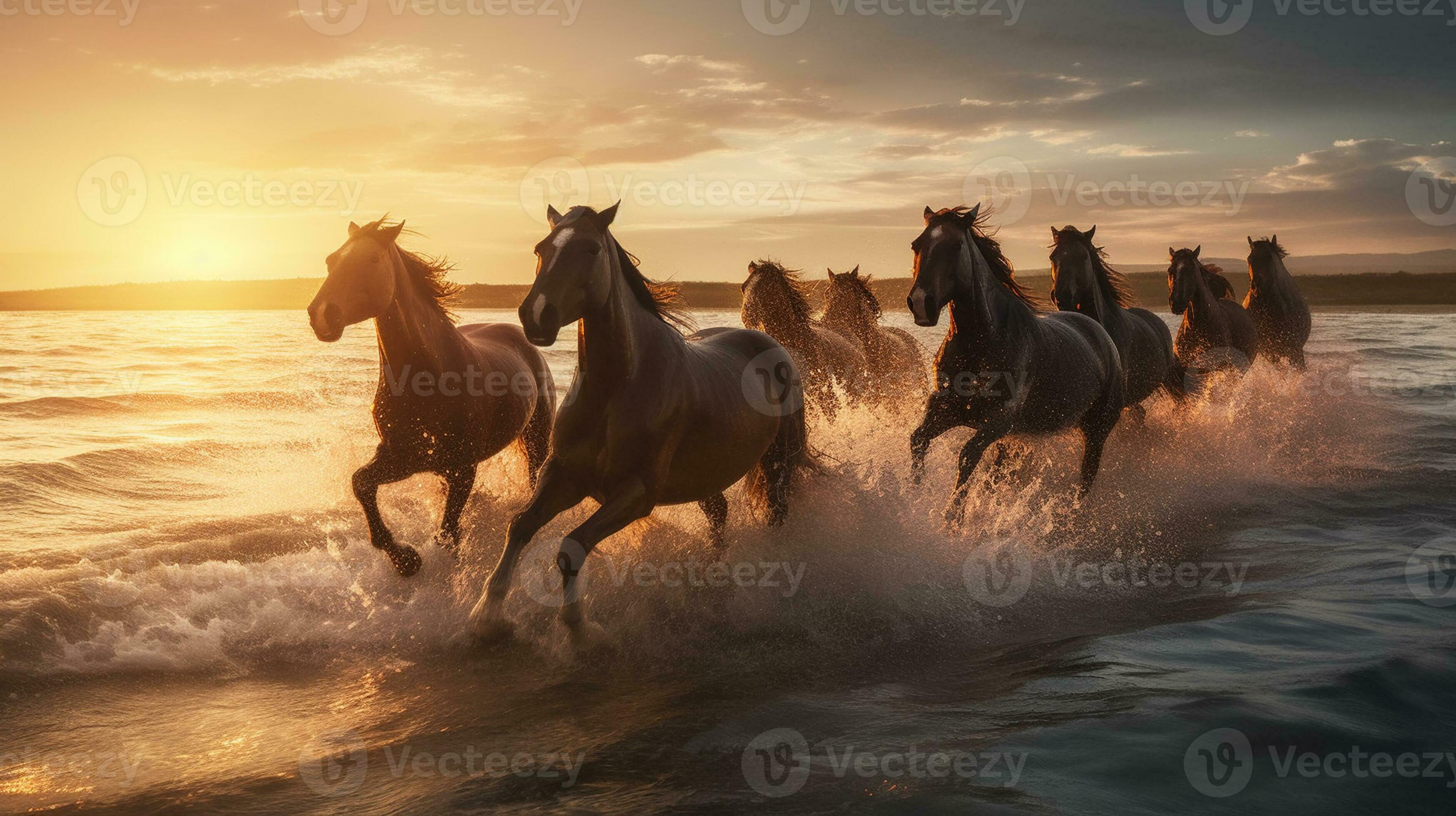 Herd of horses galloping in the sea at sunset in summer ai generated