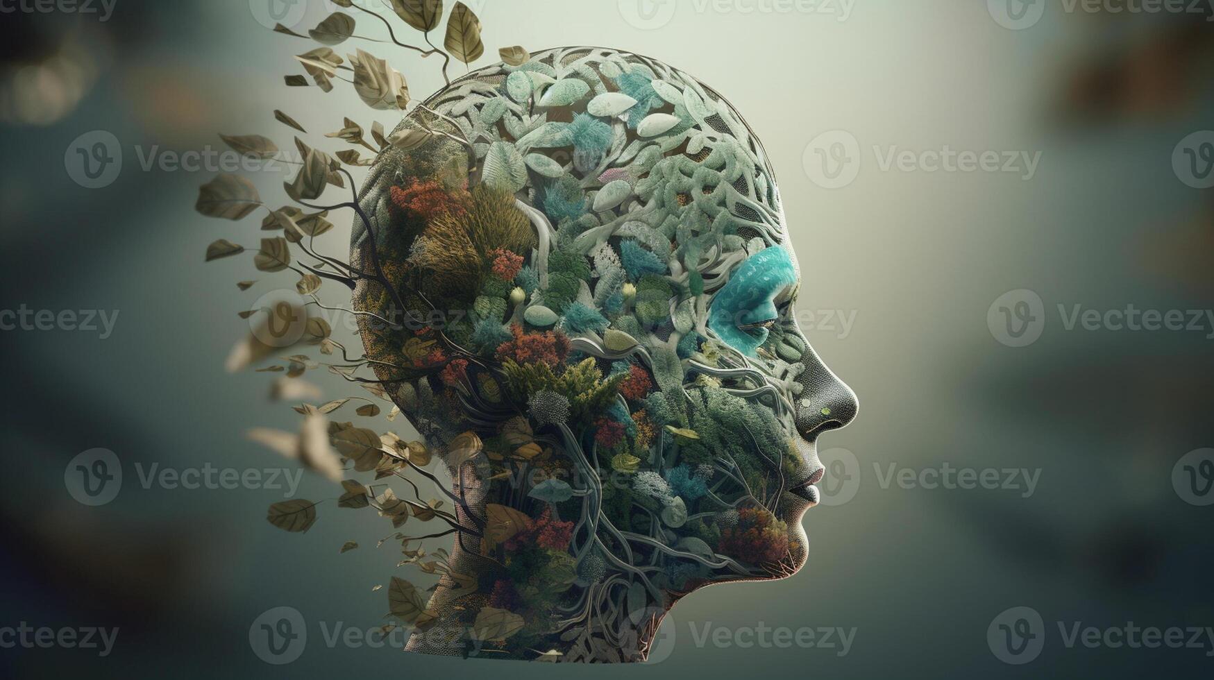 Conceptual image of a human head with colorful brain and autumn leaves. mental health concept artwork photo