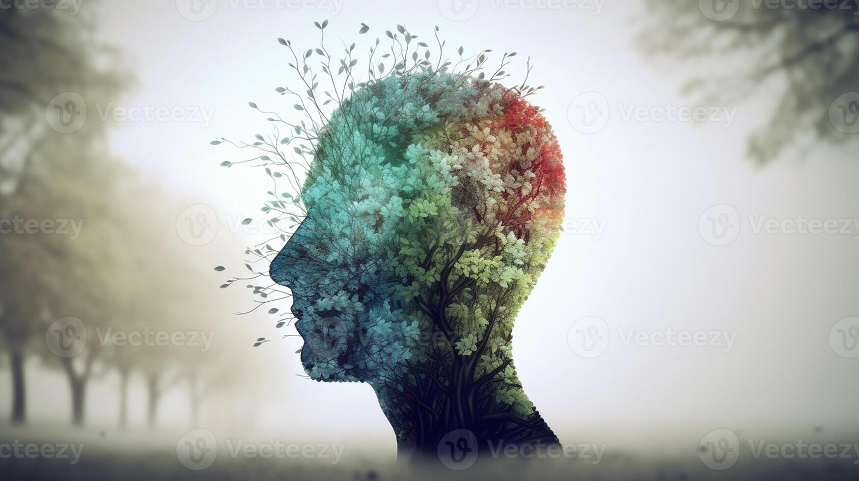 Conceptual image of a human head with colorful brain and autumn leaves. mental health concept artwork photo