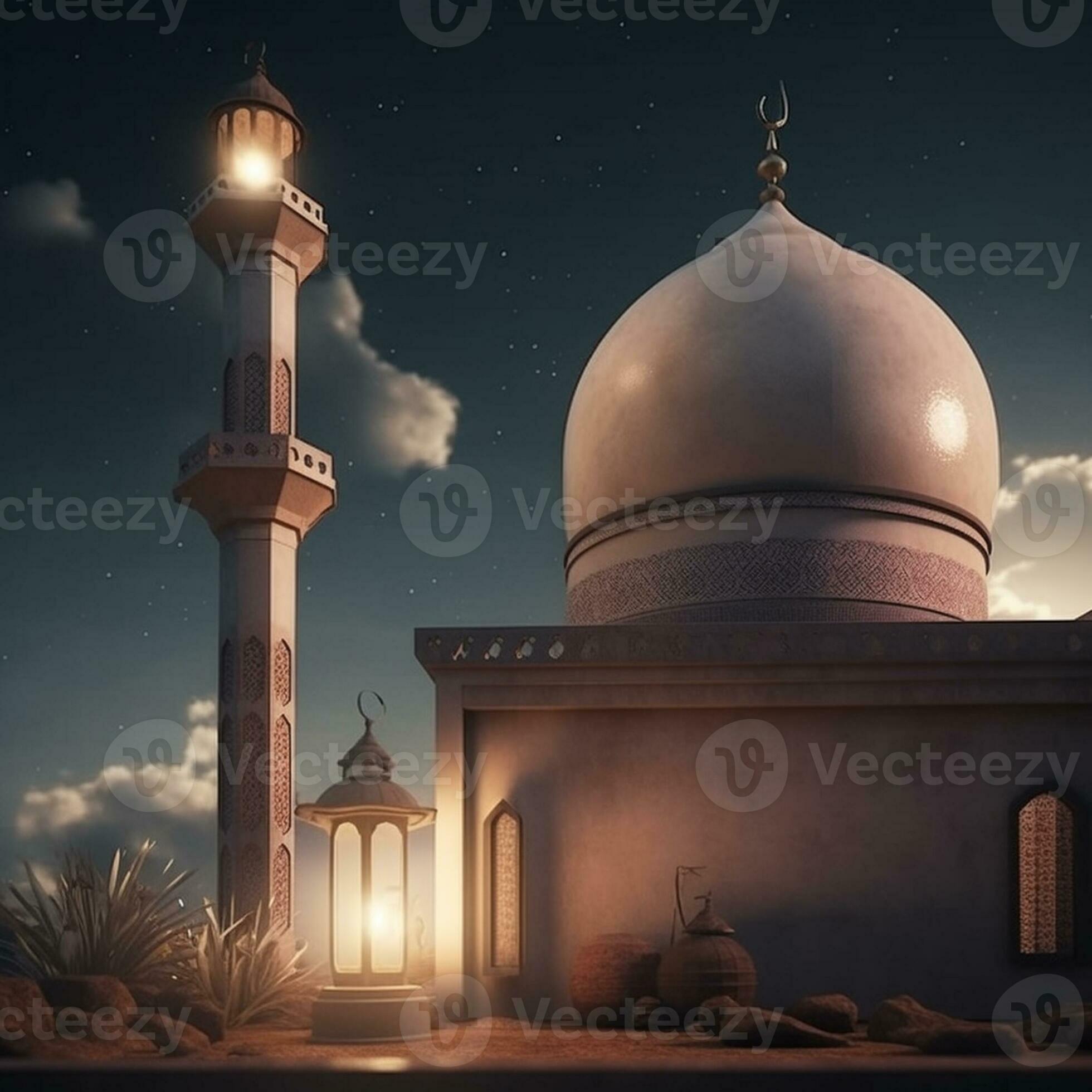 Ramadan Kareem greeting card. Arabic lanterns, moon and mosque at night