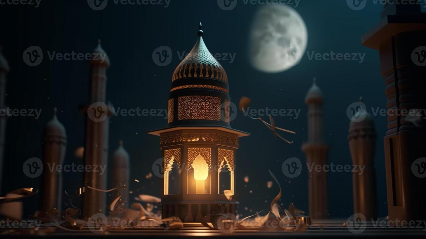 Ramadan Kareem greeting card. Arabic lanterns, moon and mosque at night. artwork photo