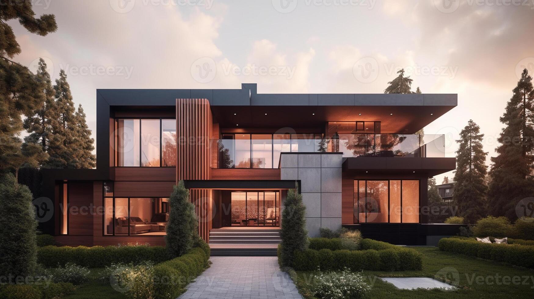 3d rendering of modern cozy house with garage for sale or rent with beautiful landscaping on background, real estate concept artwork photo