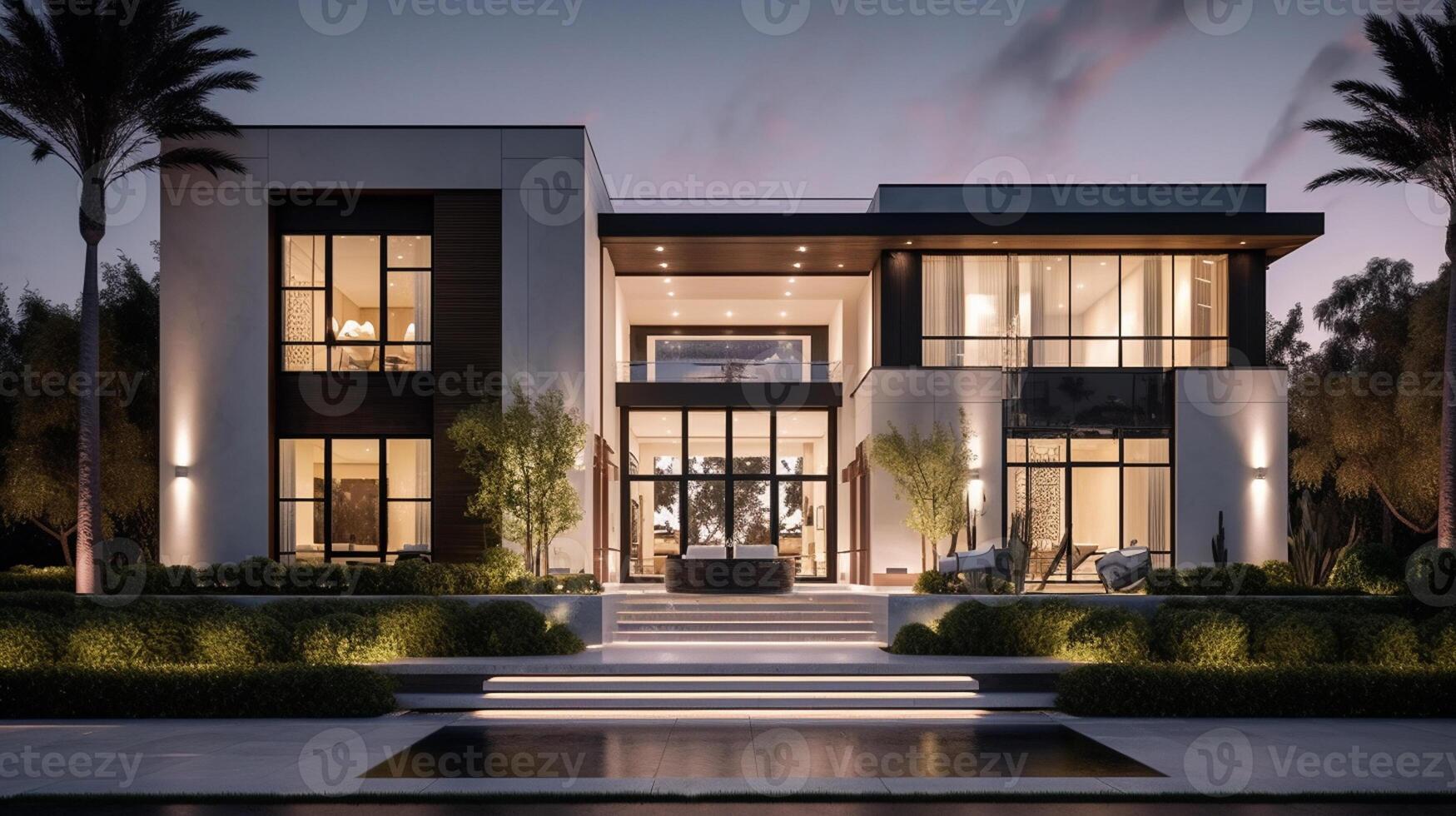 3d rendering of modern cozy house with garage for sale or rent with beautiful landscaping on background, real estate concept artwork photo
