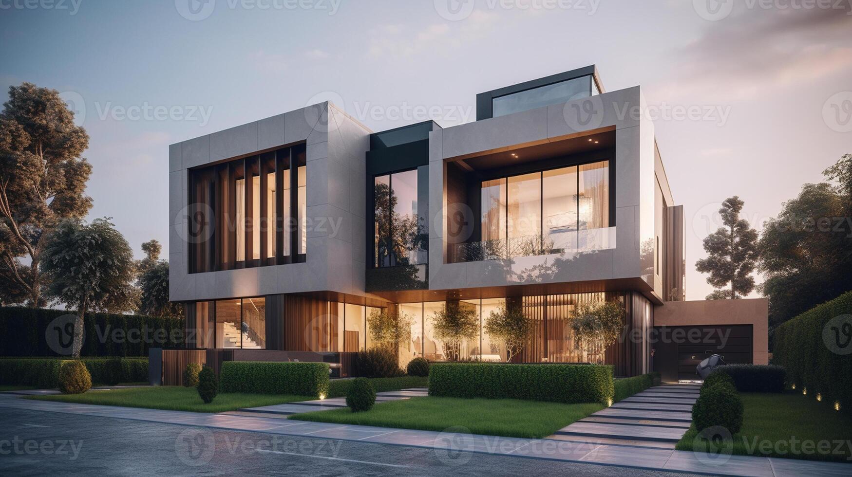 3d rendering of modern cozy house with garage for sale or rent with beautiful landscaping on background, real estate concept artwork photo