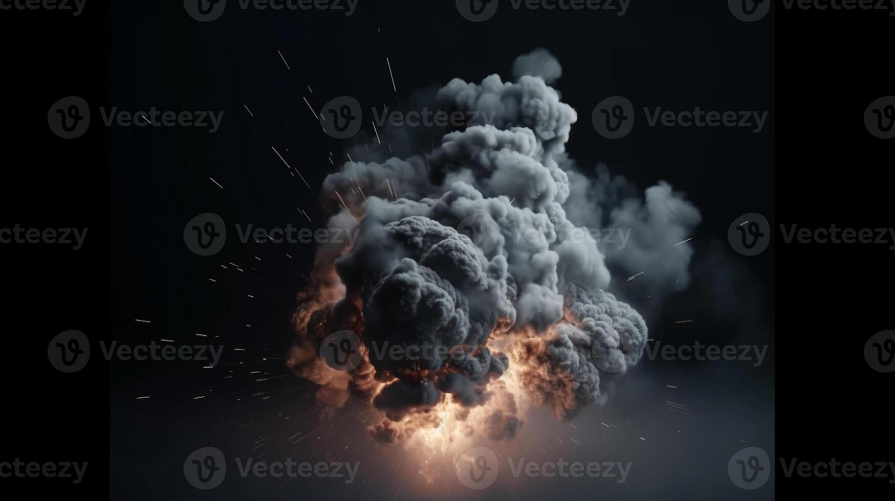 Big explosion with smoke and fire on black background artwork photo