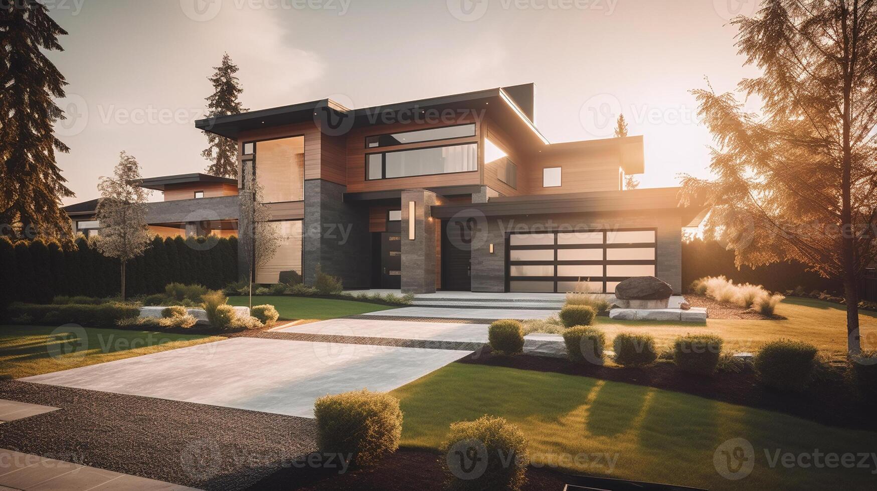 3d rendering of modern cozy house with garage for sale or rent with beautiful landscaping on background, real estate concept artwork photo