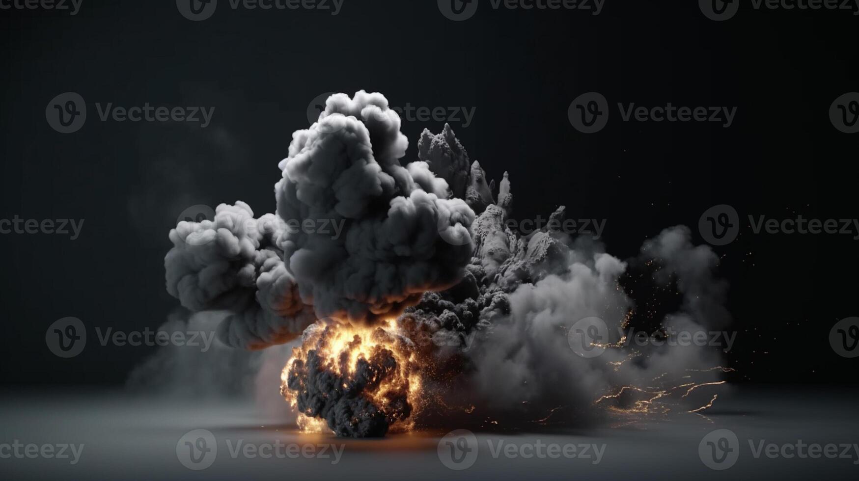 Big explosion with smoke and fire on black background artwork photo