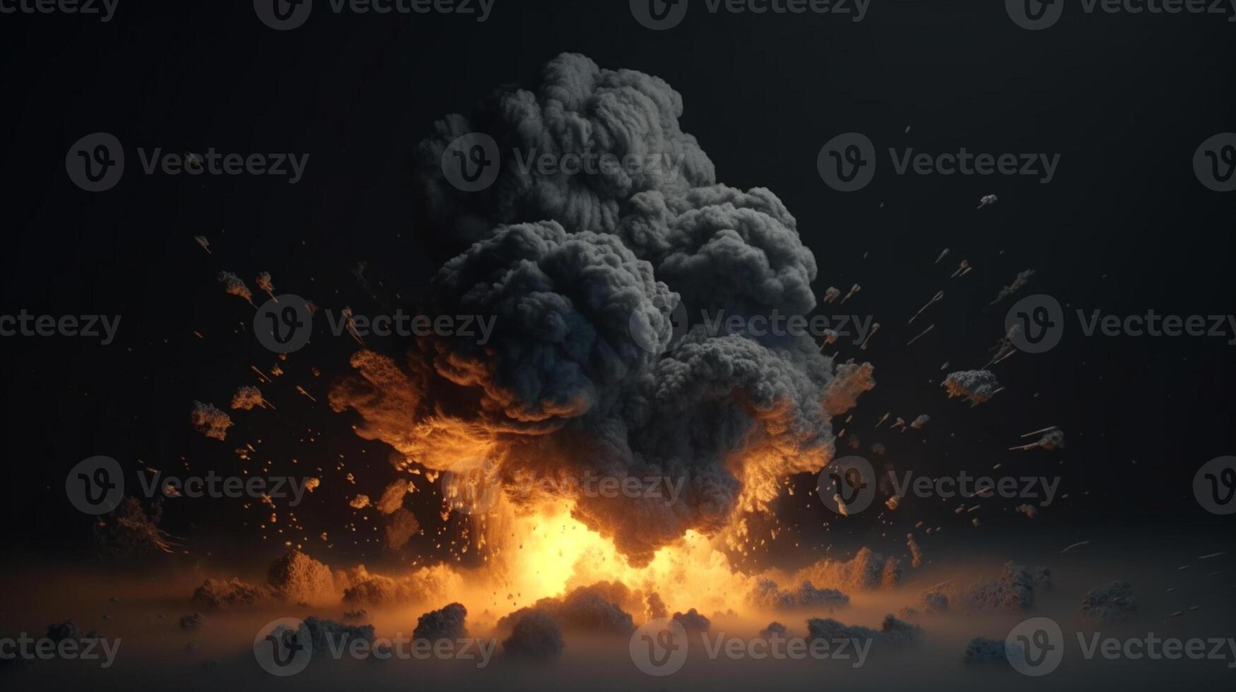 Big explosion with smoke and fire on black background artwork photo