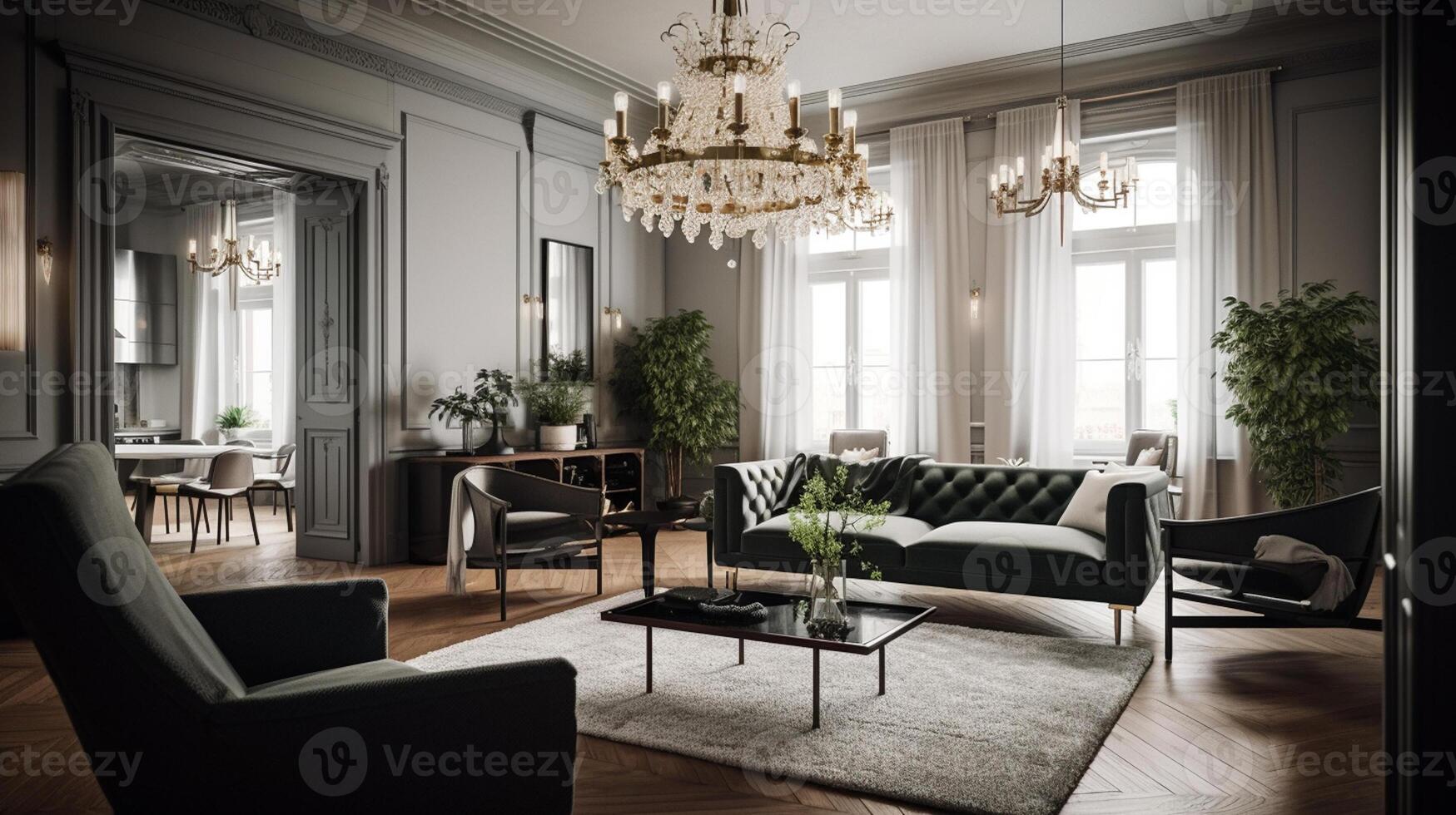 moderno vivo habitación interior diseño con clásico muebles, ai generado obra de arte foto