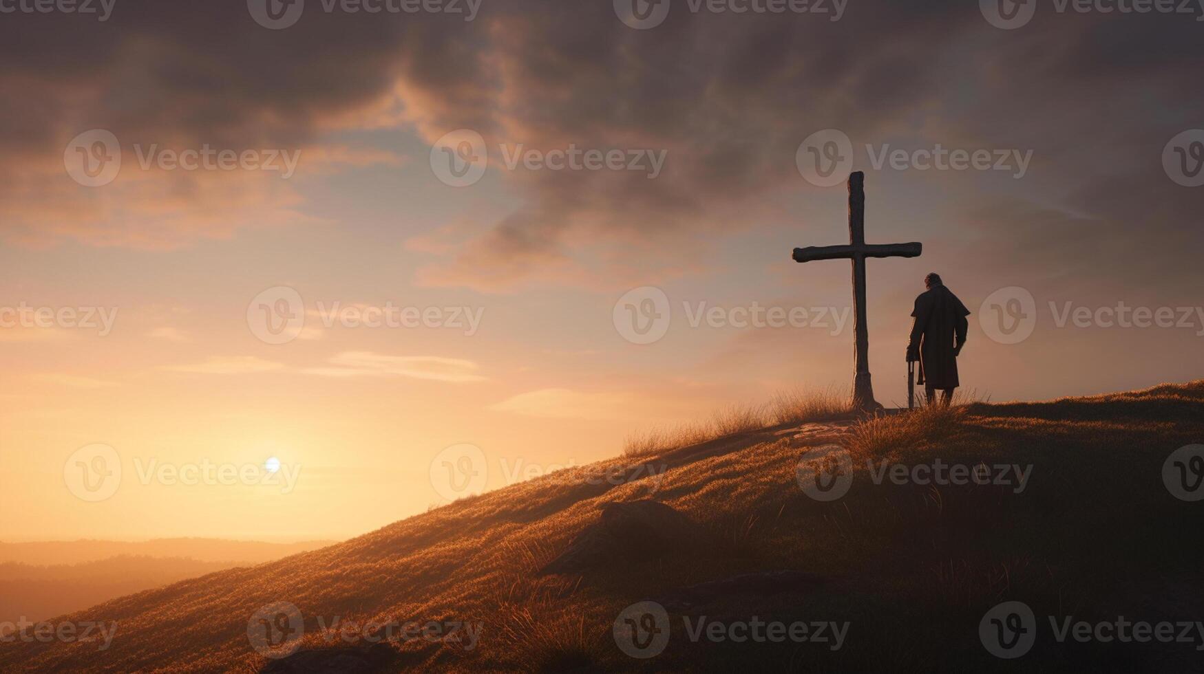 Silhouette of a man standing on a mountain with a cross. artwork photo