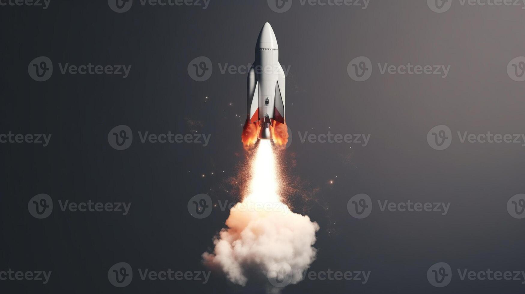 Rocket flying on a blue background. 3d render. Startup concept artwork photo