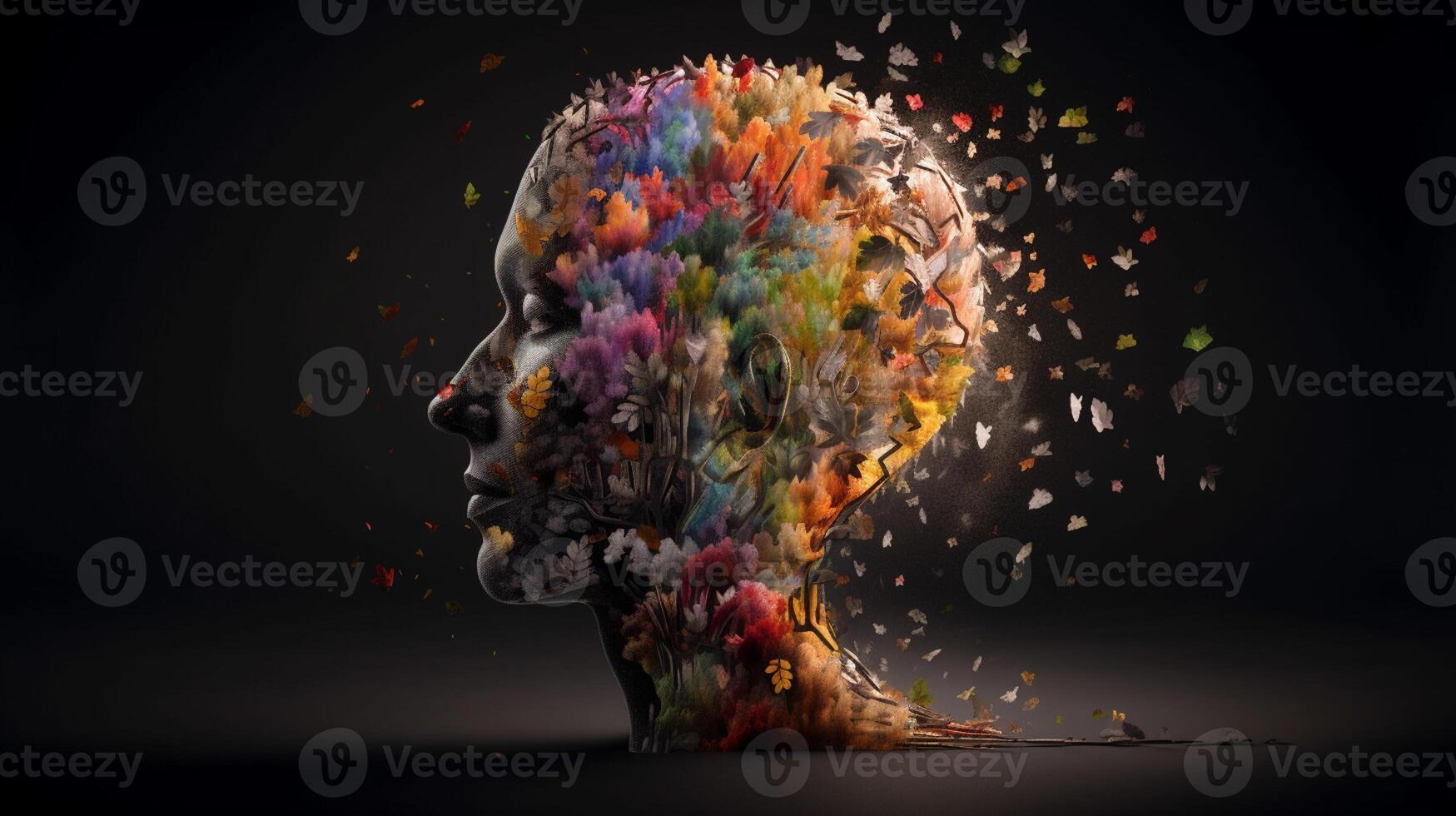 Conceptual image of a human head with colorful brain and autumn leaves. mental health concept artwork photo