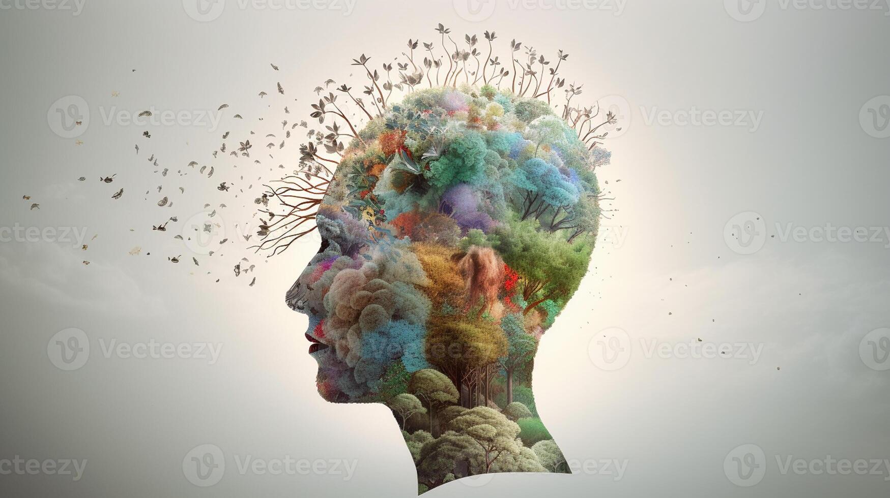 Conceptual image of a human head with colorful brain and autumn leaves. mental health concept artwork photo