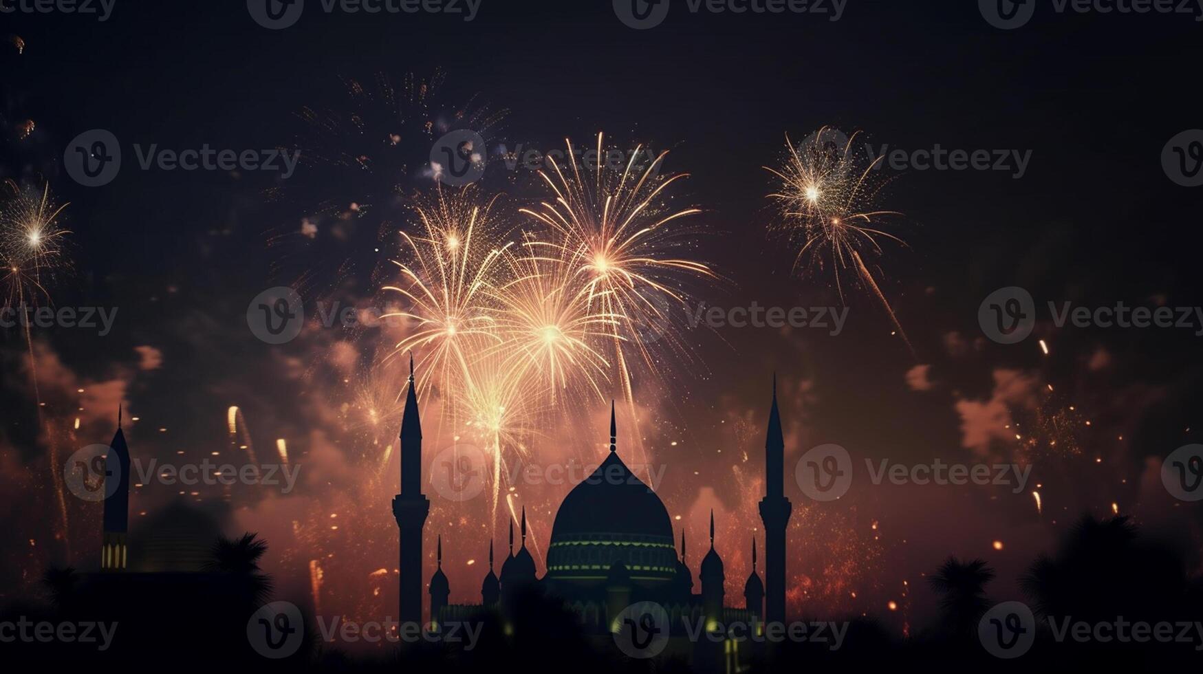 Celebration background with a mosque and fireworks in the night sky. Eid celebration concept artwork photo