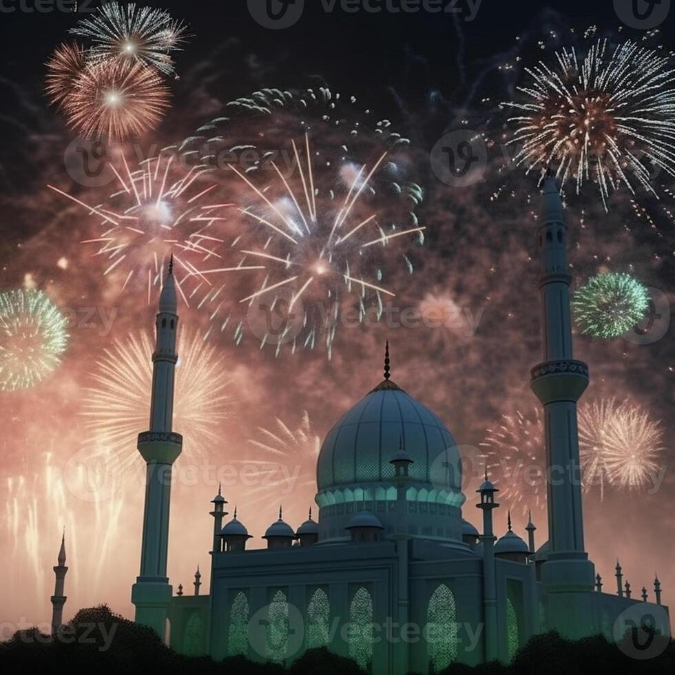 Celebration background with a mosque and fireworks in the night sky. Eid celebration concept artwork photo