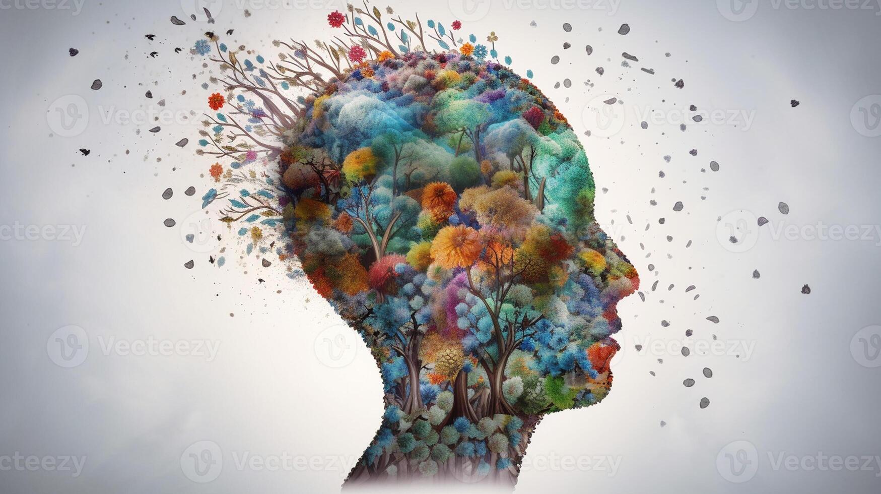 Conceptual image of a human head with colorful brain and autumn leaves. mental health concept artwork photo