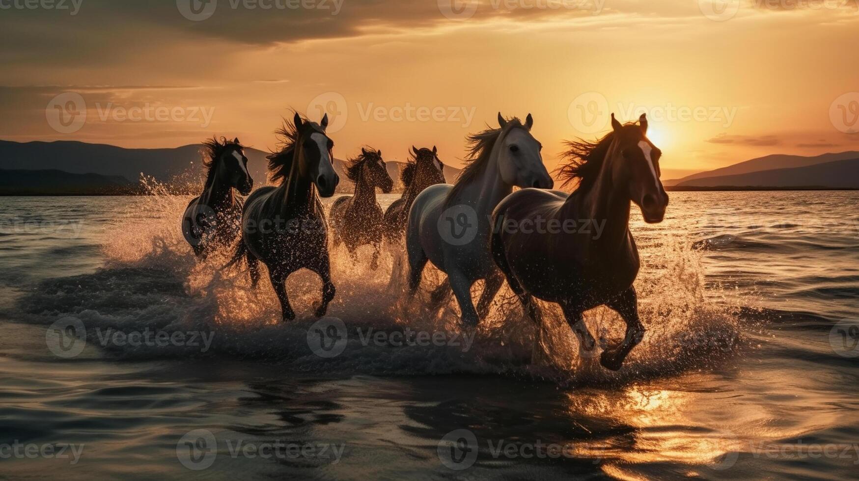 manada de caballos Galopando en el mar a puesta de sol en verano ai generado obra de arte foto