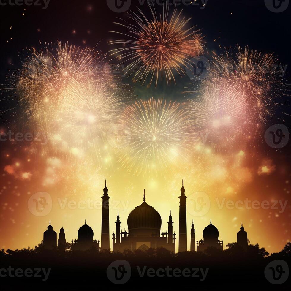 celebracion antecedentes con un mezquita y fuegos artificiales en el noche cielo. eid celebracion concepto ai generado obra de arte foto