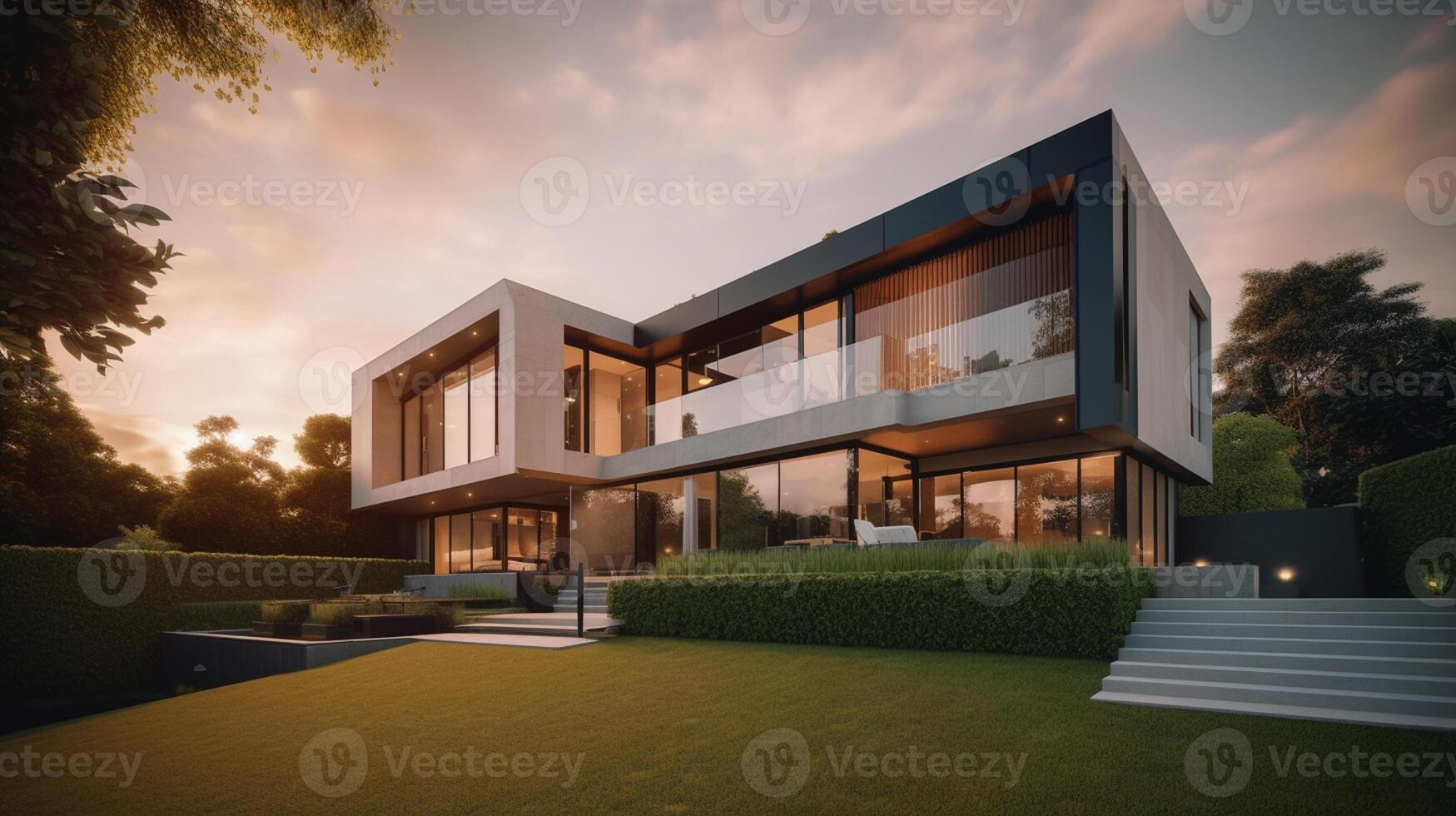 3d rendering of modern cozy house with garage for sale or rent with beautiful landscaping on background, real estate concept artwork photo