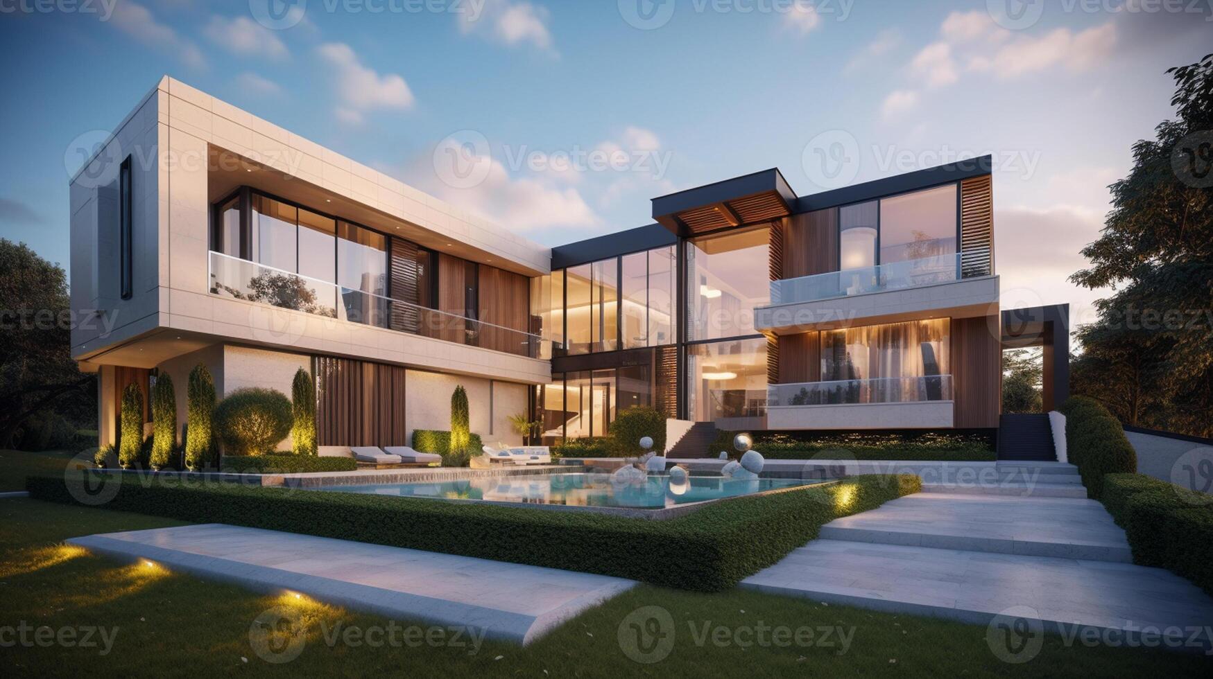 3d rendering of modern cozy house with garage for sale or rent with beautiful landscaping on background, real estate concept artwork photo