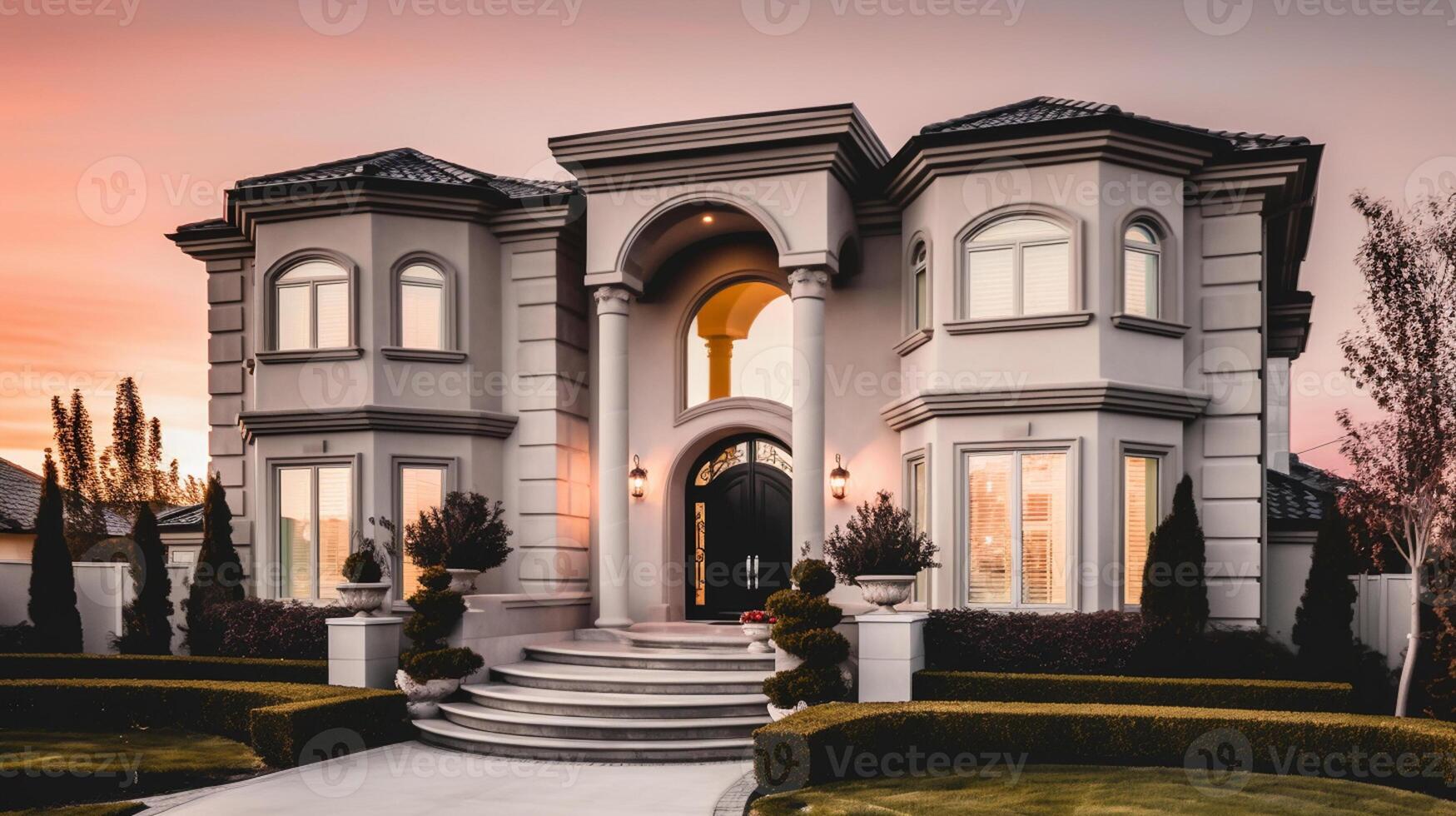 3d rendering of modern cozy house with garage for sale or rent with beautiful landscaping on background, real estate concept artwork photo