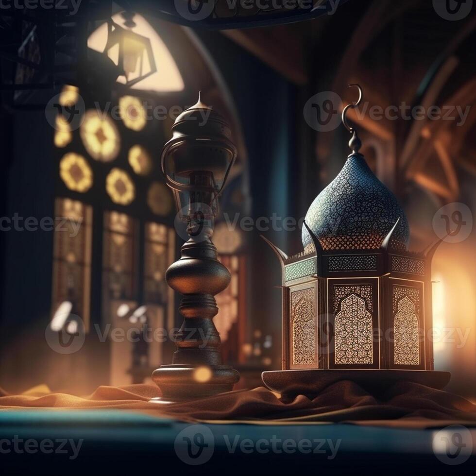 Ramadan Kareem greeting card. Arabic lanterns, moon and mosque at night. artwork photo