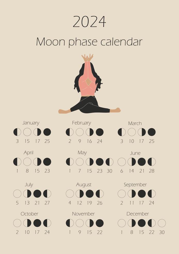 Luna etapas calendario 2024 con un niña haciendo yoga. menguante giboso, depilación creciente, nuevo luna, lleno Luna con fechas. vector