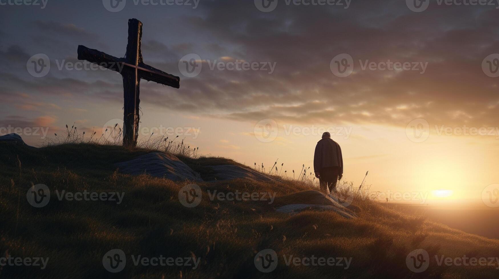 Silhouette of a man standing on a mountain with a cross. artwork photo