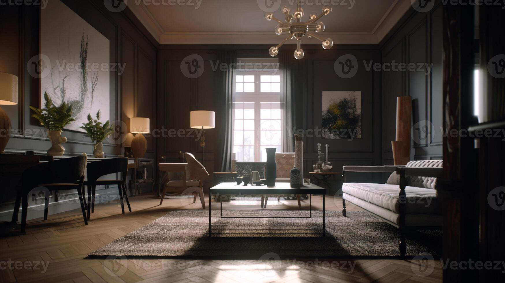 Modern living room interior design with classic furniture, artwork photo
