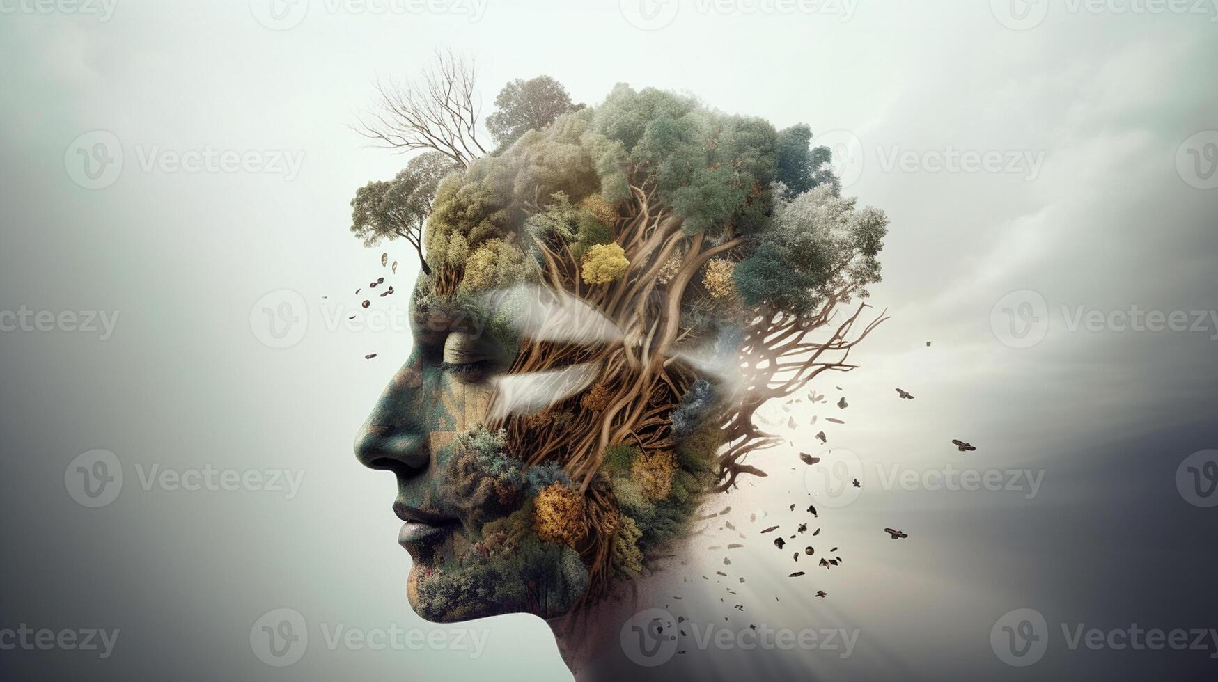 Conceptual image of a human head with colorful brain and autumn leaves. mental health concept artwork photo