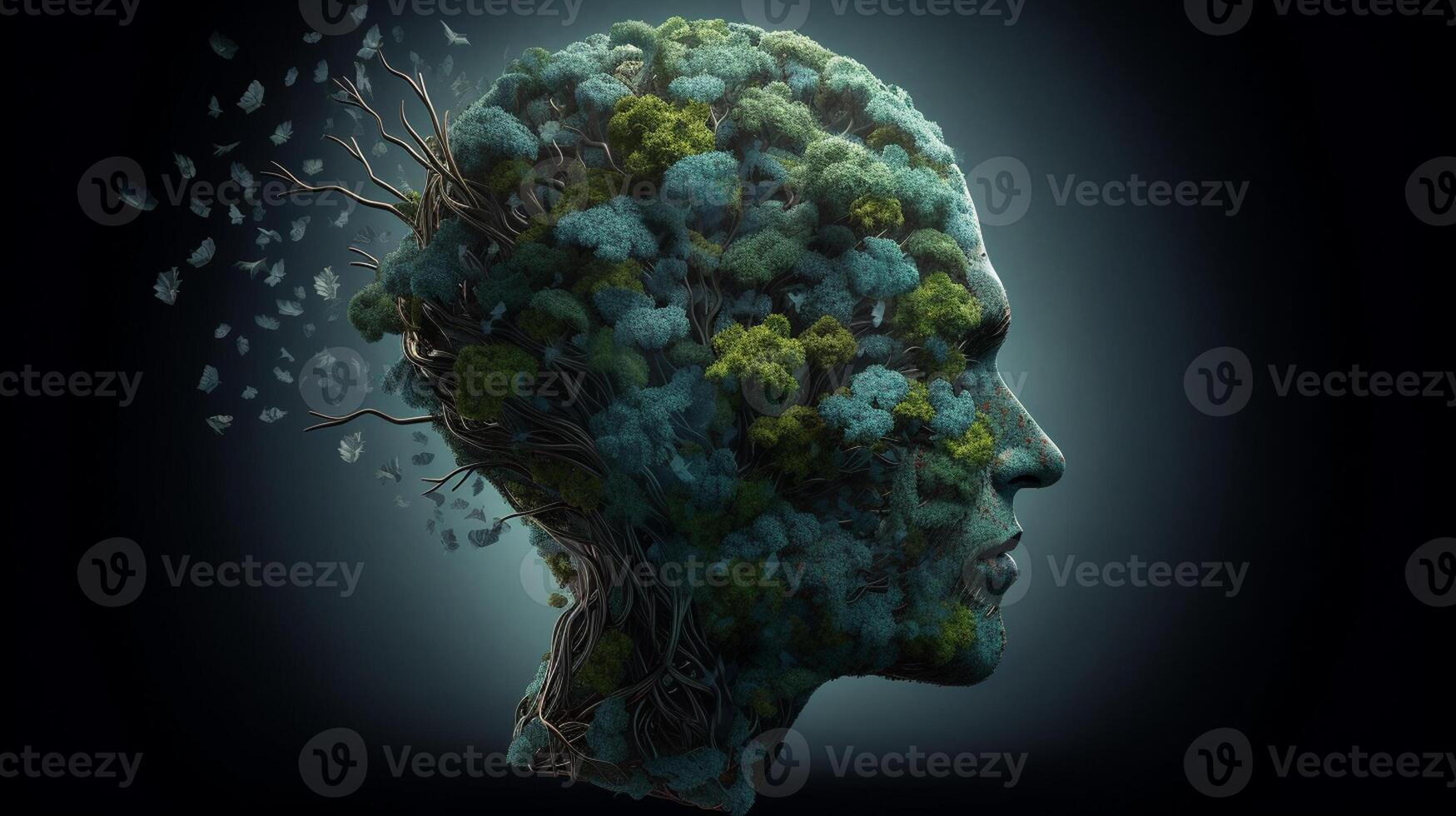 Conceptual image of a human head with colorful brain and autumn leaves. mental health concept artwork photo