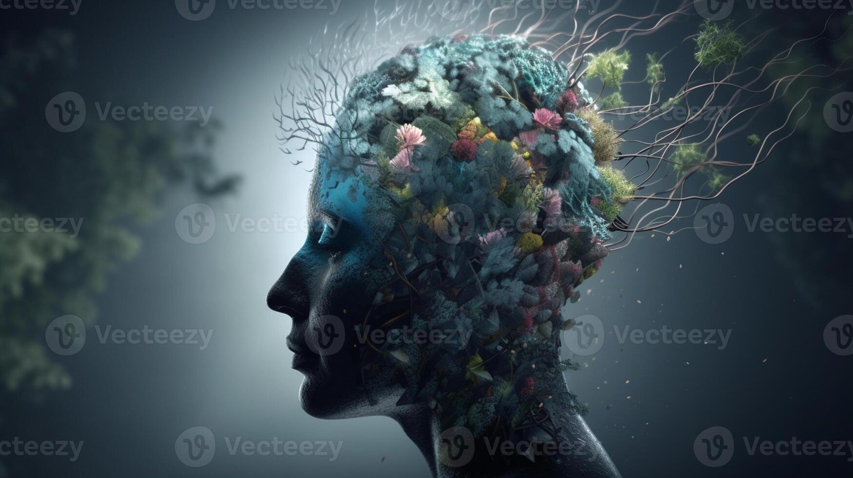 Conceptual image of a human head with colorful brain and autumn leaves. mental health concept artwork photo