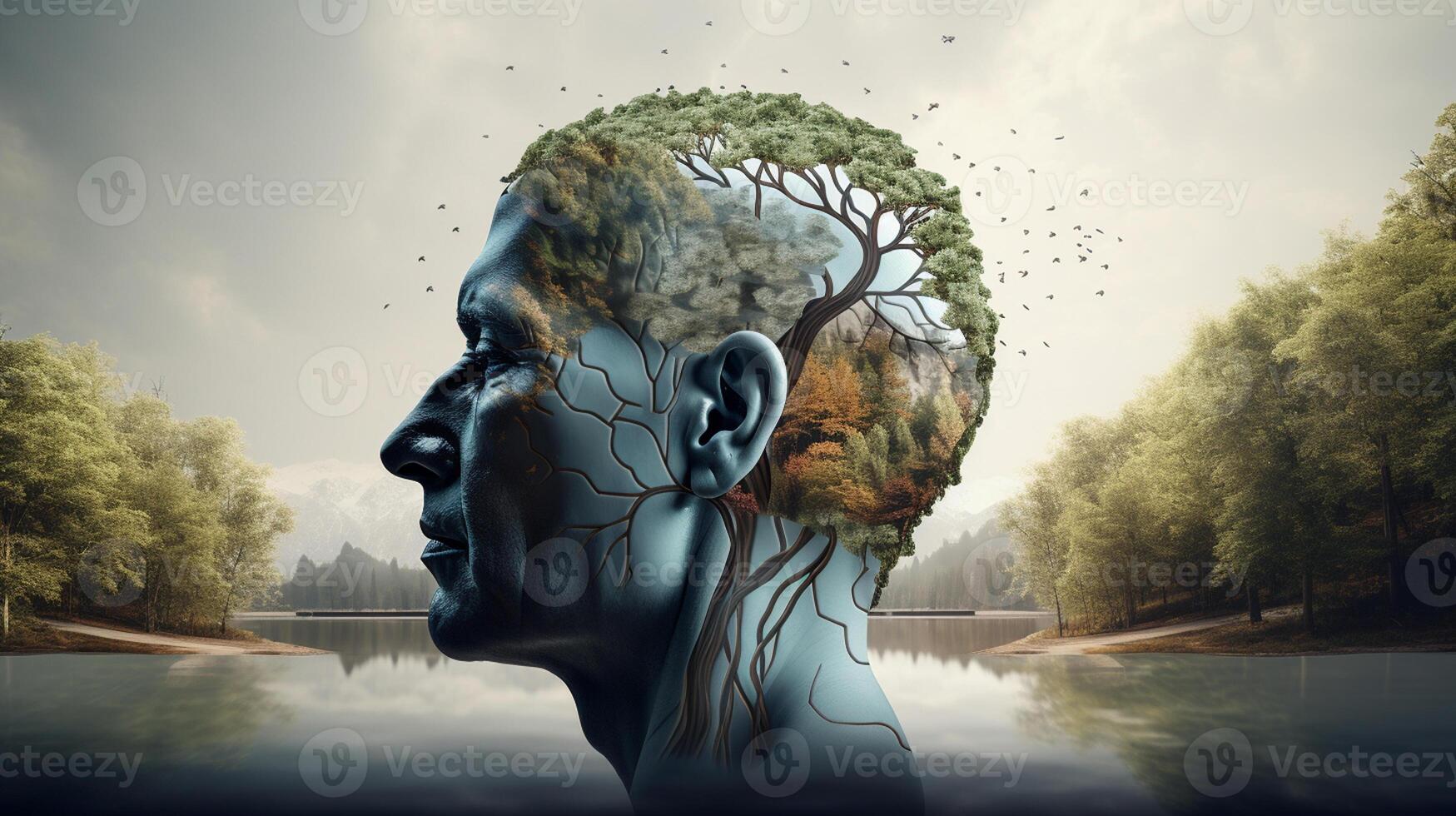 Conceptual image of a human head with colorful brain and autumn leaves. mental health concept artwork photo