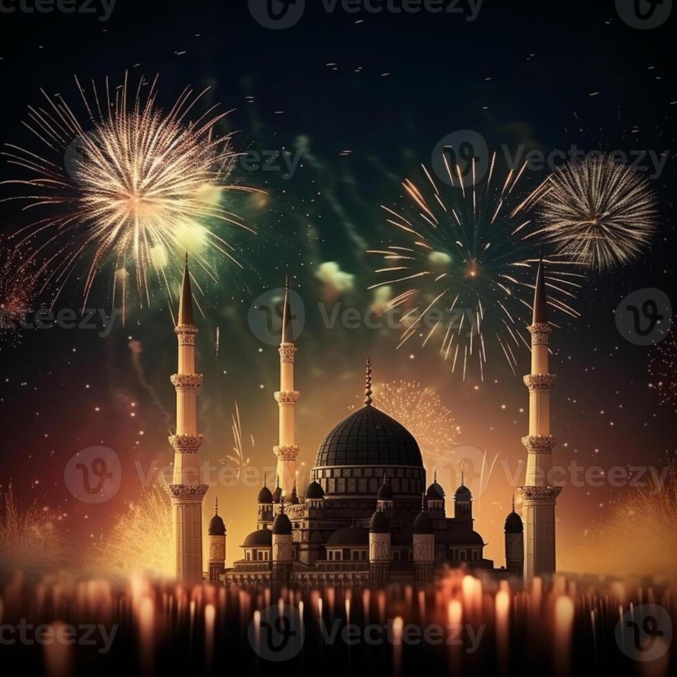 Celebration background with a mosque and fireworks in the night sky. Eid celebration concept artwork photo