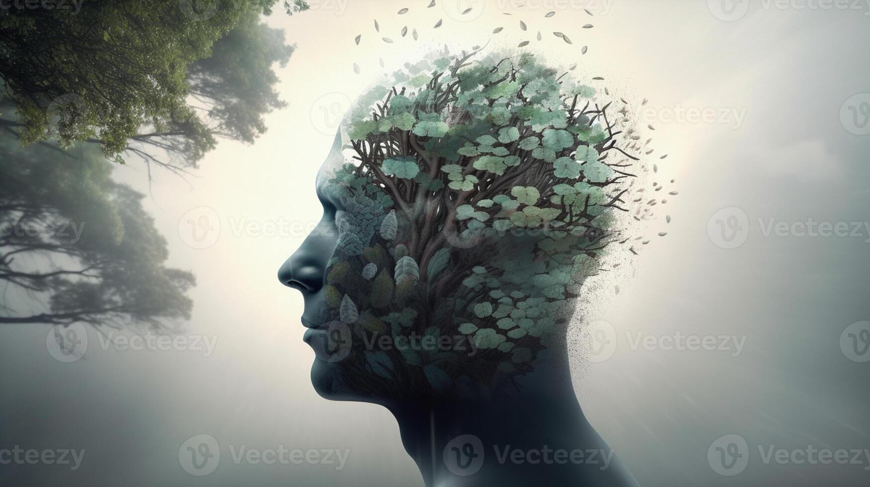 Conceptual image of a human head with colorful brain and autumn leaves. mental health concept artwork photo