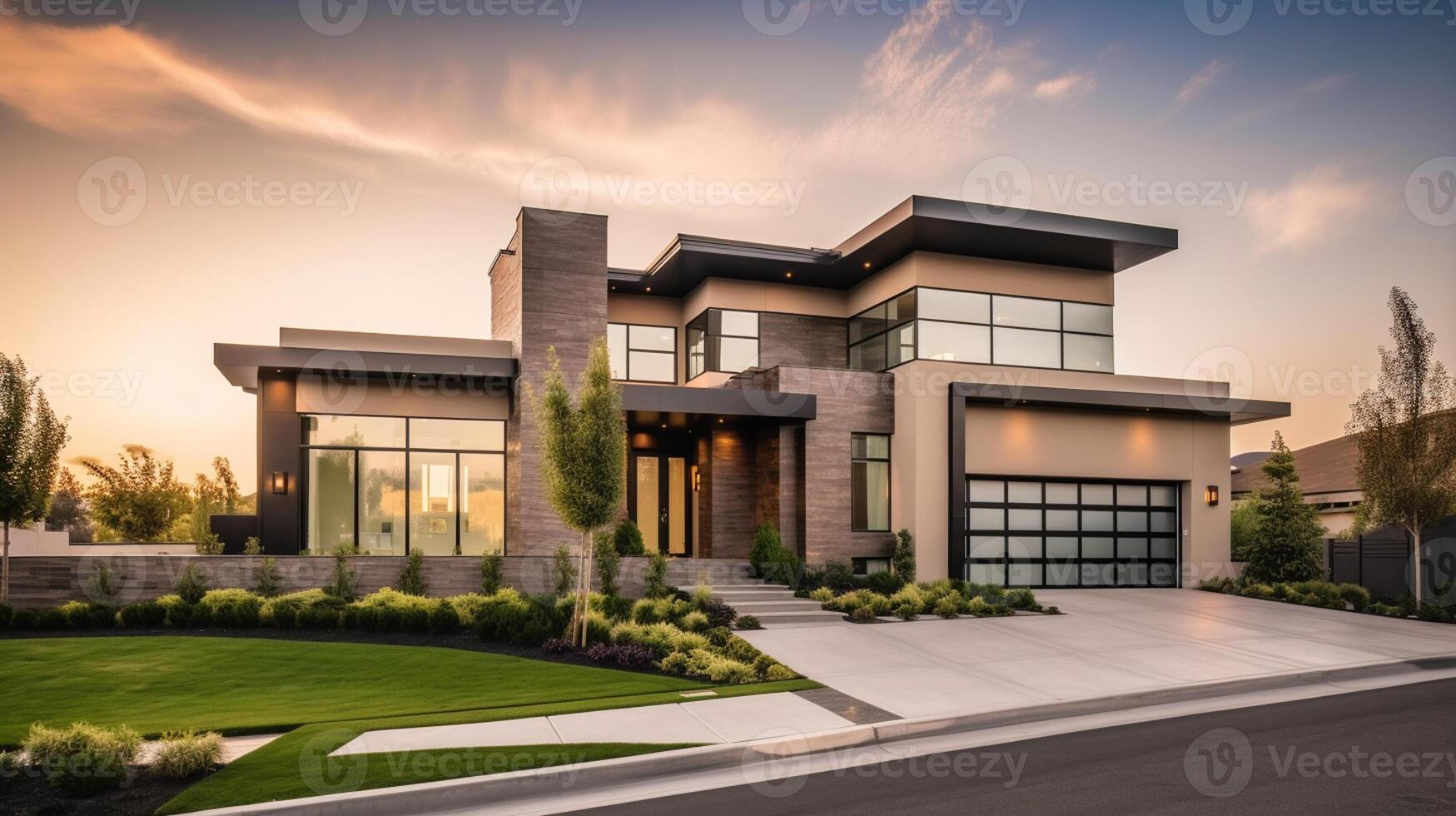 3d rendering of modern cozy house with garage for sale or rent with beautiful landscaping on background, real estate concept artwork photo