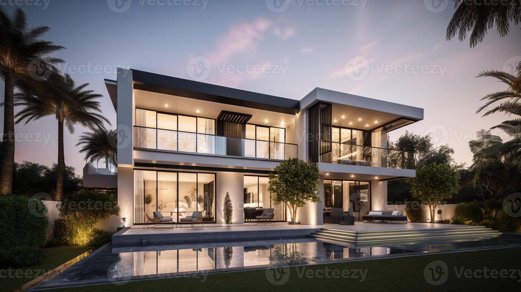 3d rendering of modern cozy house with garage for sale or rent with beautiful landscaping on background, real estate concept artwork photo
