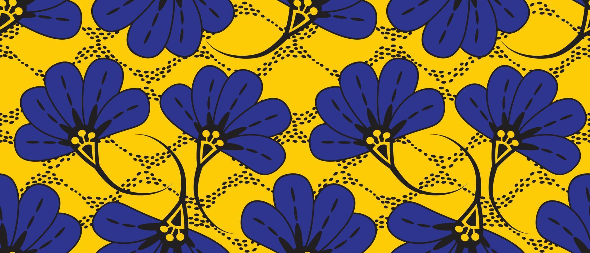 African wax print pattern. seamless beautiful Kitenge, chitenge, dutch wax, and Angara style. fashion design in colorful. blue botanical flower on yellow background. African Wax Print Fabric. vector