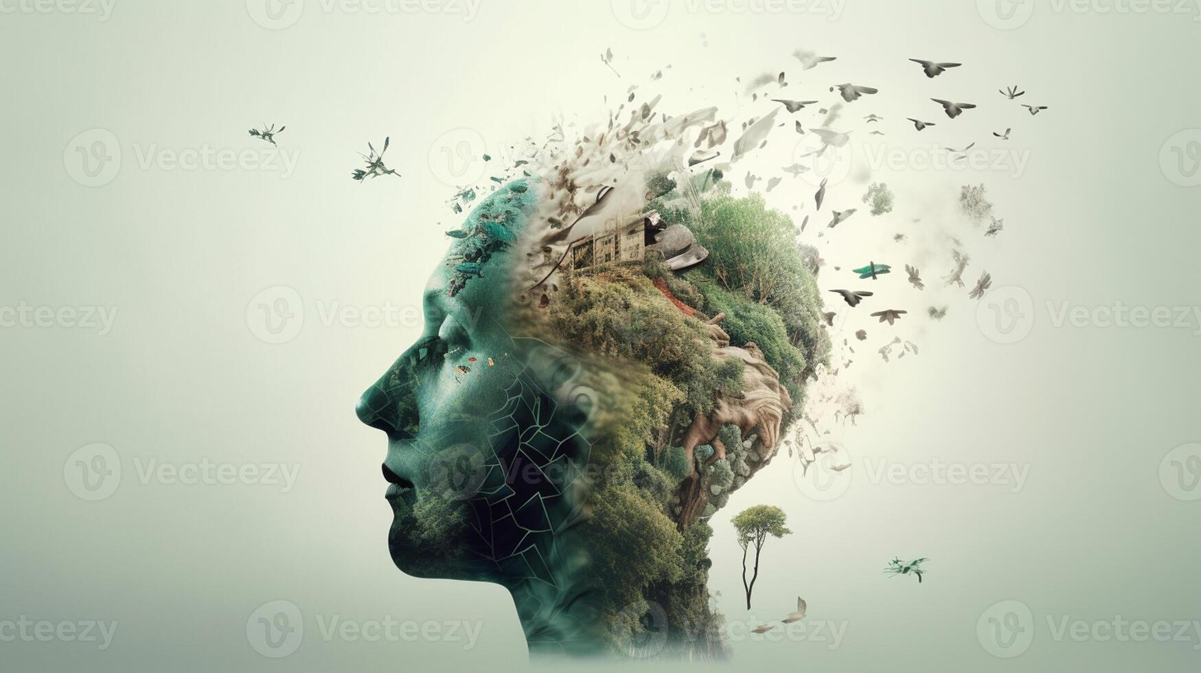 Conceptual image of a human head with colorful brain and autumn leaves. mental health concept artwork photo