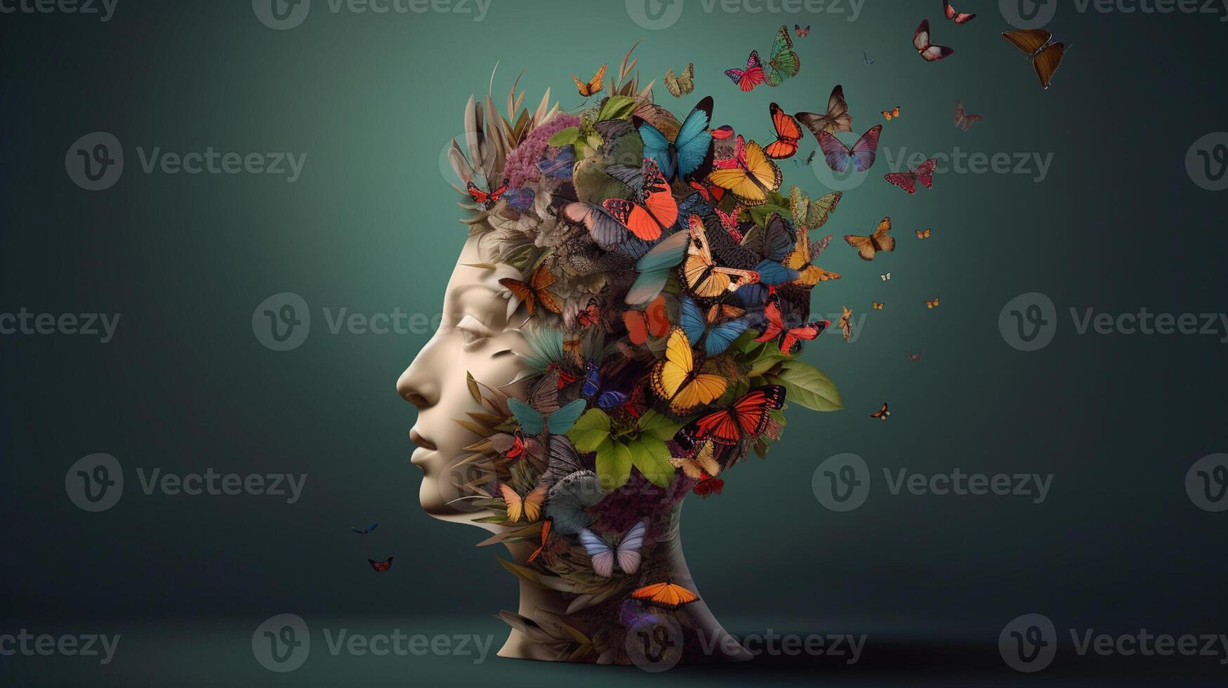 Conceptual image of a human head with colorful brain and autumn leaves. mental health concept artwork photo