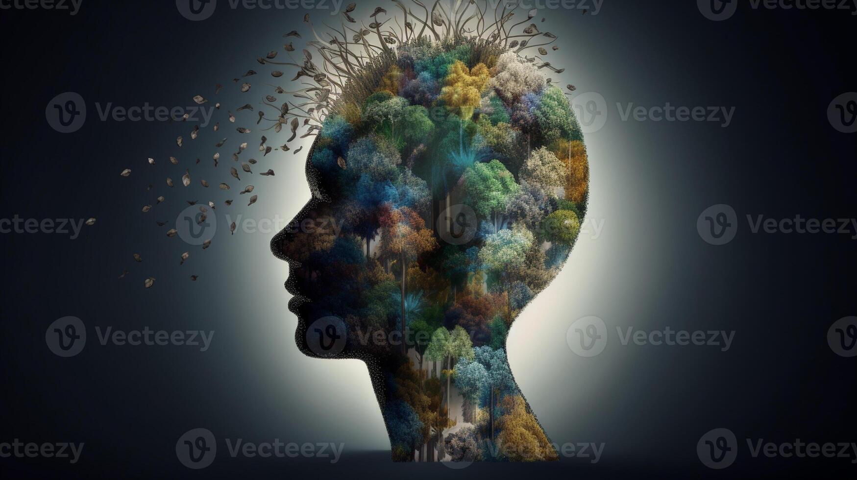 Conceptual image of a human head with colorful brain and autumn leaves. mental health concept artwork photo