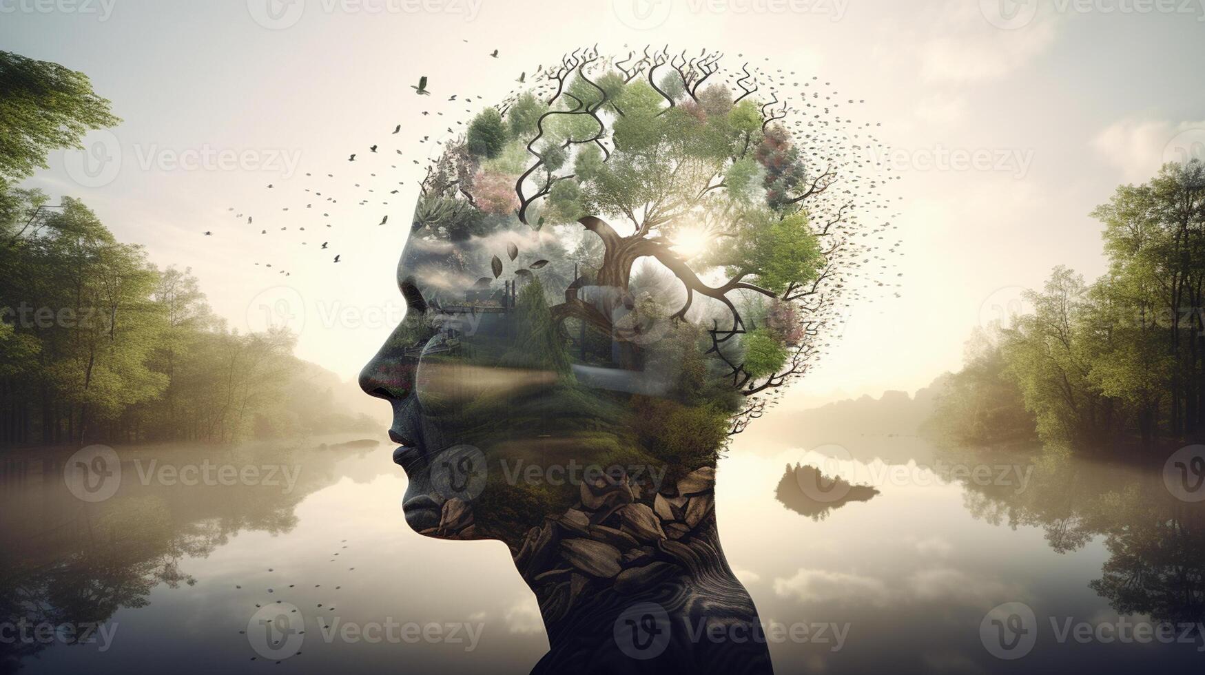 Conceptual image of a human head with colorful brain and autumn leaves. mental health concept artwork photo