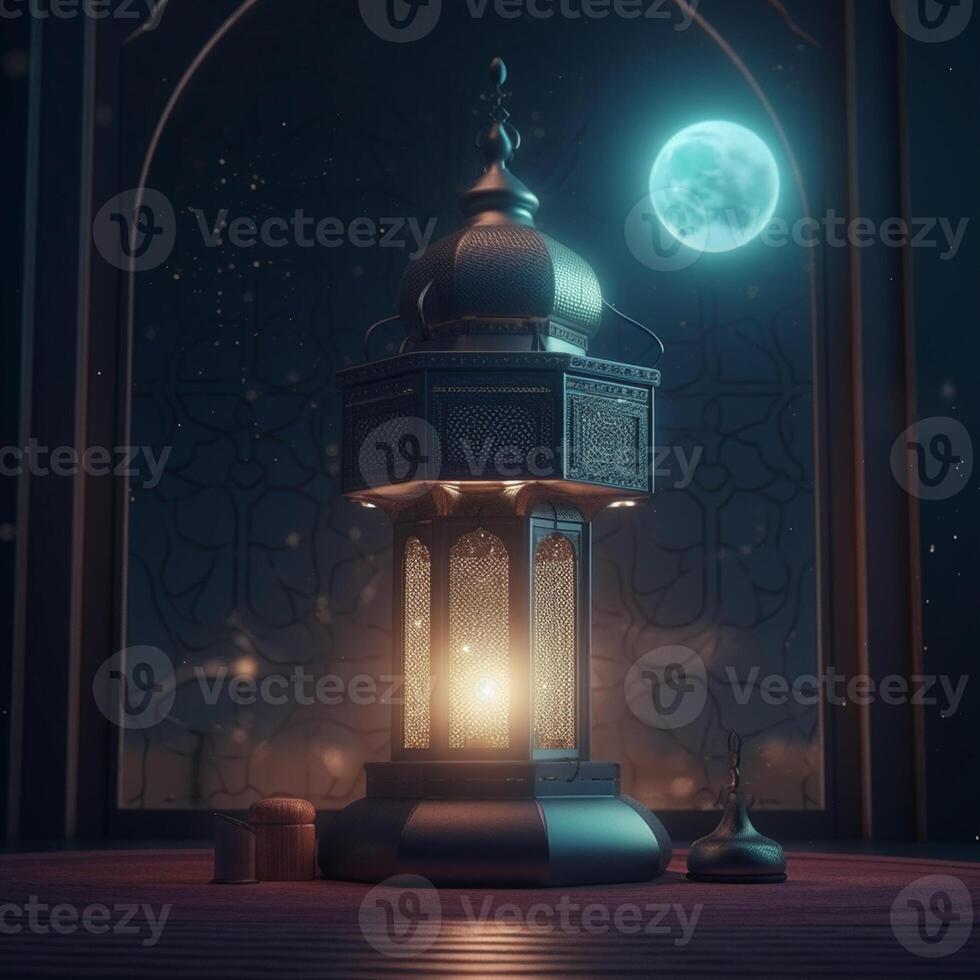 Ramadan Kareem greeting card. Arabic lanterns, moon and mosque at night. artwork photo