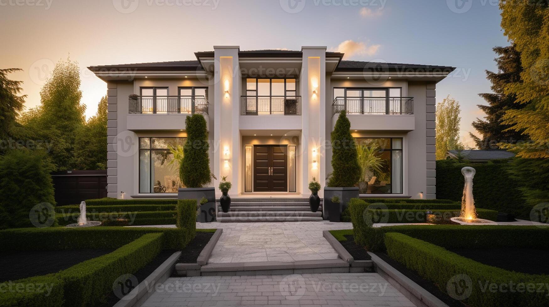 3d rendering of modern cozy house with garage for sale or rent with beautiful landscaping on background, real estate concept artwork photo