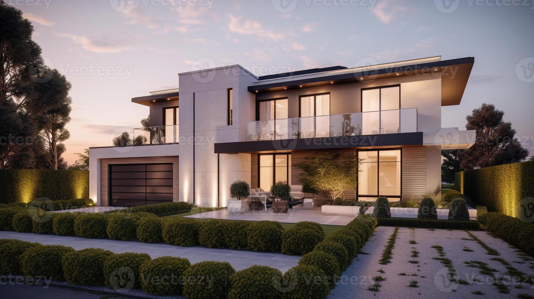 3d rendering of modern cozy house with garage for sale or rent with beautiful landscaping on background, real estate concept artwork photo