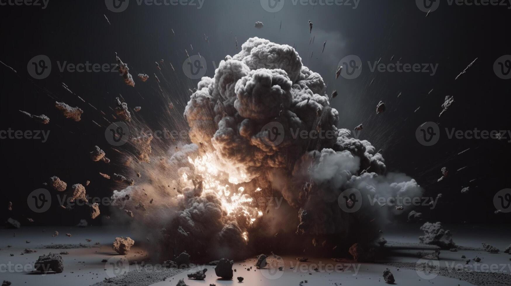 Big explosion with smoke and fire on black background artwork photo