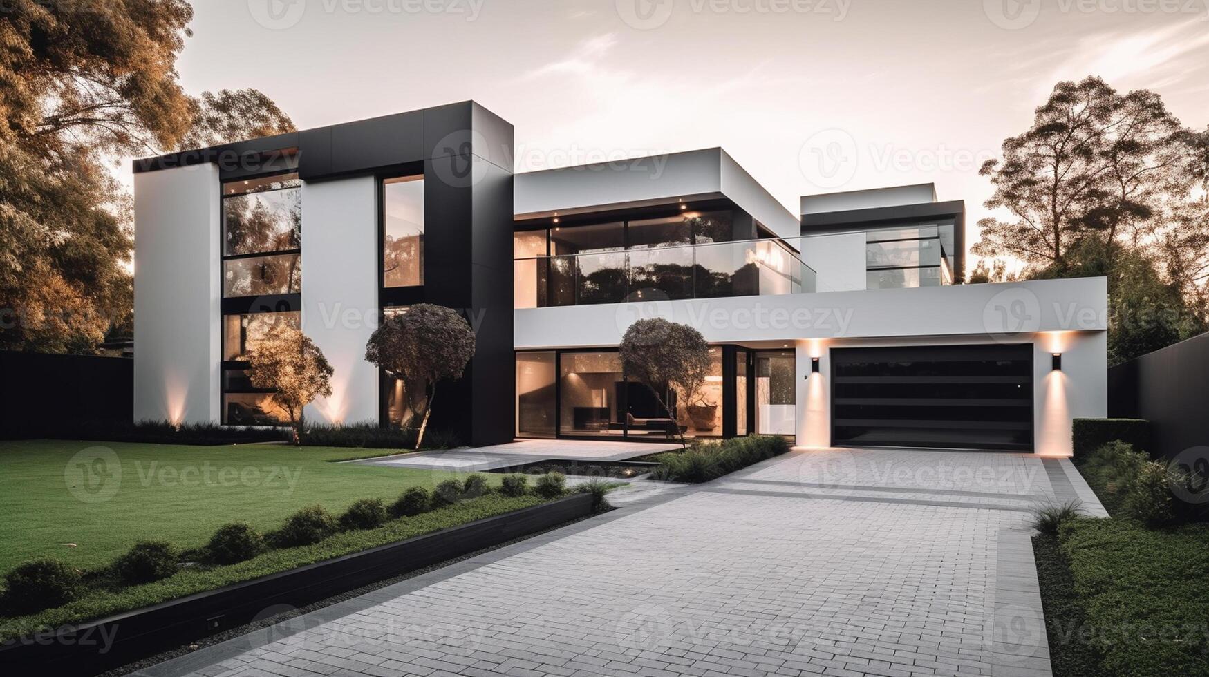 3d rendering of modern cozy house with garage for sale or rent with beautiful landscaping on background, real estate concept artwork photo