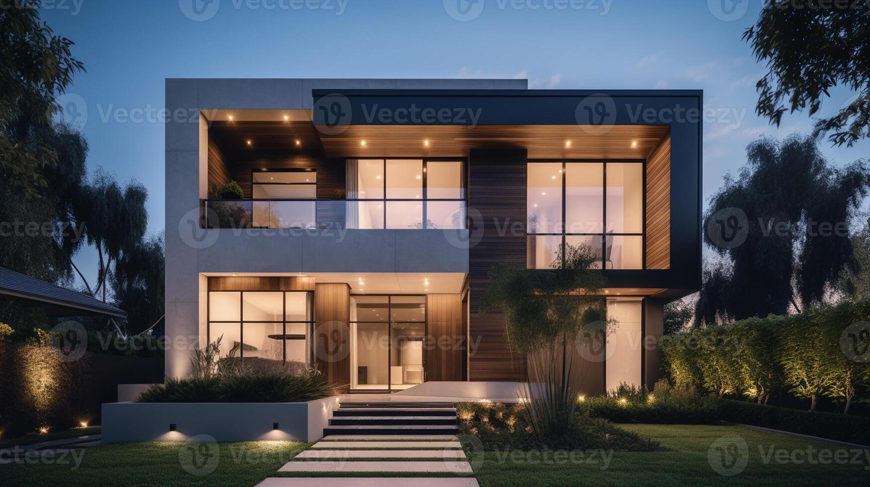 3d rendering of modern cozy house with garage for sale or rent with beautiful landscaping on background, real estate concept artwork photo